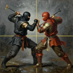 baroque oil painting of key visual ninja duel, rain, rule of thirds golden ratio, fake detail, trending pixiv fanbox, acrylic palette knife, style of makoto shinkai takashi takeuchi yoshiyuki sadamoto greg rutkowski