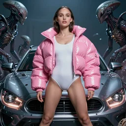 beautiful fantasy character portrait, natalie portman, wearing oversized plastic puffy pink bomber jacket and white leotard, very seductive pose, ultra realistic, wide angle, dramatic lighting, futuristic vehicle, alien creatures, cyberpunk artifacts, highly detailed by peter mohrbacher, aaron horkey, hajime sorayama, boris vallejo,
