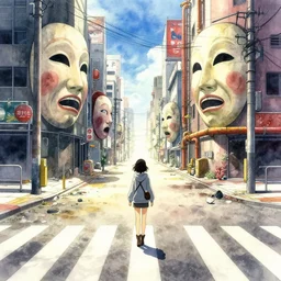 incredible anime movie scene, ultra wide, vanishing point, hoody woman explorer, watercolor, giant masks, empty crosswalk, trash, coral reef, billboards, harsh bloom lighting, rim light, abandoned city, paper texture, caustic shadows, deserted shinjuku junk town, bright sun ground, wires, telephone pole, pipes, yellow, red