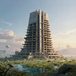 a beautiful photorealistic illustration of unfinished building architecture tomb building by robert venturi, sci - fi earth evil wilderness sea alien at dawn meadow tokyo partly sunny, archdaily, wallpaper, highly detailed, trending on artstation.