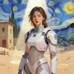 portrait of a beautiful girl in a desert town, futuristic clothes, pastel colors, beautiful face, rule of thirds, spotlight, drips of paint, expressive, passionate, by mandy jurgens, by vincent van gogh, digital painting