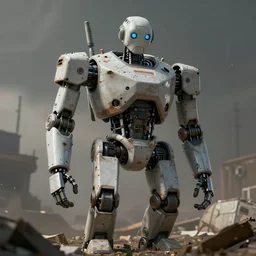 A rundown large humanoid robot, uncaring, bleak tone, post apocalyptic, Nuttavut Baiphowongse, Mark Armstron, amad, rendered by octane, 8k, ultra 8k, hyper realistic, photorealistic, photo