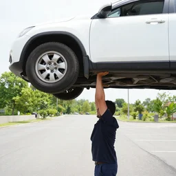 one man lifting a car with his hand, wide angle, daylight, 8 k, uhd