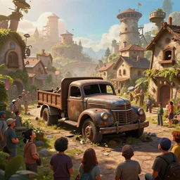 old truck fallen apart in a street of a robust fantasy village, people gathered to watch, calming, uplifting mood, ultra realistic, factory, funny, small buildings, highly detailed, epic lighting, illuminated, cinematic, morning, art by eddie mendoza