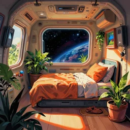 Interior of a small, comfy bedroom on a spaceship. In the background is a large window displaying a stunning view of outer space. Spread out around the room are lush plants. Bold warm colours, dynamic shading, manga, bold warm and cool colours