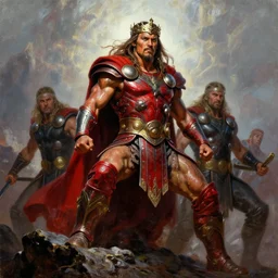 beautiful portrait oil painting, jason momoa conan the barbarian thor standing on a rocky hill, wearing a warrior king crown and royal crimson fantasy ornate spartan dragon scale armor, wet skin and hair, muscular!!!, battle action pose, frank frazetta, boris vallejo, greg rutkowski, beautiful cinematic light, low angle, greg rutkowski, high contrast