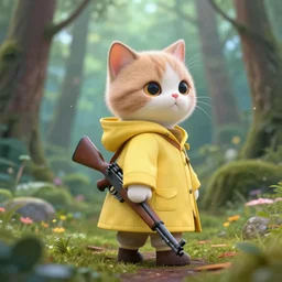 portait of a cute humanoid cat soldier wearing a yellow raincoat, venturing through a dense forest, carrying a rifle. realistic 4 k octane render, epic composition, magical atmosphere, ultra hd, masterpiece by anton fadeev and dean ellis, trending on artstation, looking back over shoulder, pastel colors, extremely detailed, gorgeous