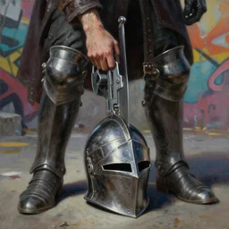 greg manchess oil matte portrait painting, knight shoved into his helmet, helmet on the ground legs sticking out fantasy, masterpiece, highly detailed, scifi, deep focus, elegant, digital painting, street art, trending artstation, sharp focus, shading, dramatic illumination, ultra realistic, 4 k, art by greg rutkowski wlop rossdraws