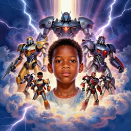 colourful upper half portrait of an african boy inside a group of clouds - with mecha robot army behind him - surrounded by bolts of lightning with rays of light emanating from clouds - in drew struzan movie poster style, art by drew struzan & hsiao - ron cheng, highly detailed, digital painting, ray tracing, illustration, smooth, sharp focus, intricate, symmetry, artstation,