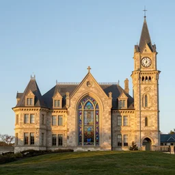 a beautiful giant mansion with stained glass window and a clock tower besides it, on top of a small hill, fine art, golden hour, light blue background