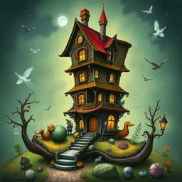 a three story house in the shape of a witch boot, insanely detailed, fantasy illustration, children's book cover