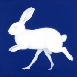 a white skinned girl, very thin legs, a long tail, highly detailed, minimalistic composition, blue tones, sharp focus, giant bunny running in the background, art by jamie christopher hewlett and kandinsky and jean julien