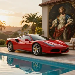 ferrari f 4 0, golden hour, next to a pool, artstation, vibrant, by j. c. leyendecker and peter paul rubens,