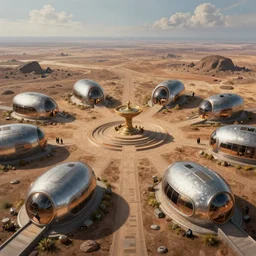 futuristic landing pods houses area in an alien flat plain. futuristic Rounded metal houses. Fantastic landscape. Magic Altar in the fores, highly detailed, digital painting, artstation, concept art, smooth, sharp focus, illustration, art by artgerm and greg rutkowski and alphonse mucha