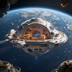 a futuristic utopian space habitat with earth in the background, highly detailed, 8 k, hdr, award - winning, octane render, trending on artstation, volumetric lighting