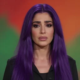 portait centred photo of nancy ajram, very beautifull face, sadness look, long purple hair, hd, unreal engine, final fantasy style amazing red orange green background theme