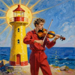 a man in red playing the violin next to a yellow lightinghouse, the sun is shining and the ocean is blue, Painting, Fine Art, Unreal Engine, Wassily Kandinsky, Karol Bak