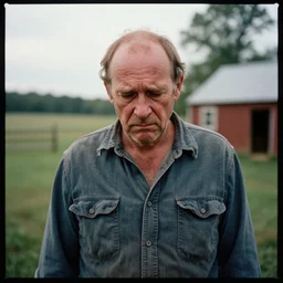 A very sad man, near farm, outdoors, photograph, f2.8, dramatic, balding hair, redneck, award-winning, film grain, large format