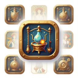 ui designer ， icon design ， the game icon ， cord ， game asset vector art, steampunk ， alchemy workshop by victo ngai and alphonse mucha reference sheet white background fine details unreal engine, 4 k hd wallpaperjpeg artifact, blur, artfact