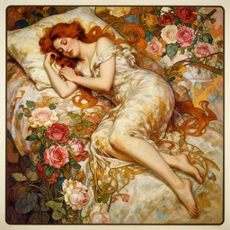 an intricate artistic pose painting of a beautiful young lady sleeping in an artistic pose over a bed of roses with painterly motives and textures, american beauty movie poster inspired, hyper detailed, sleeping beauty, octane render, vivid colors, artstation, by jeremy mann, by alphonse mucha, by boris vallejo