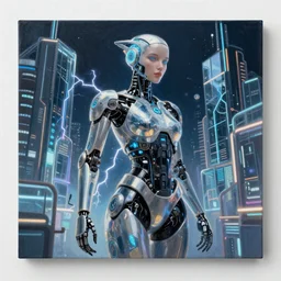 Professional painting of a beautiful cyborg ai, cyber universe, glass buildings, volumetric lightning, reflections, octane render