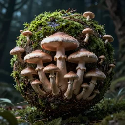 very close macro photo of mushroom growing in a spheroid forest, 3d render, dim nightlight Study, by ruan jia, 8k, extreme detail, cinema 4d render