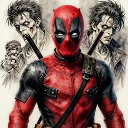 portrait, Zombie Deadpool, watercolor, dramatic lighting, cinematic, establishing shot, extremly high detail, foto realistic, cinematic lighting, pen and ink, intricate line drawings, by Yoshitaka Amano, Ruan Jia, Kentaro Miura, Artgerm, post processed, concept art, artstation, matte painting, style by eddie mendoza, raphael lacoste, alex ross