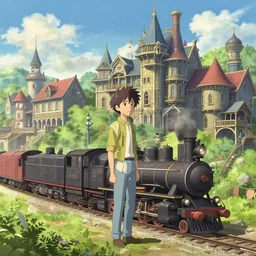 makoto shinkai, artgerm, ilya kuvshinov, steampunk town, steam trains, victorian buildings, detailed, summer setting, cinematic lighting