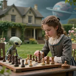 sharp, detailed, still from a sci fi blockbuster color movie made in 2019, set in 1860, of a girl playing chess with their small pet humanoid alien creature, in the garden of a house on an alien planet, are all wearing 1860s era clothes, cinematic lighting,