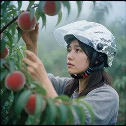 a closeup portrait of a woman wearing a helmet made of plastic and mylar, picking peaches from a tree in an orchard, foggy, moody, photograph, by vincent desiderio, canon eos c 3 0 0, ƒ 1. 8, 3 5 mm, 8 k, medium - format print