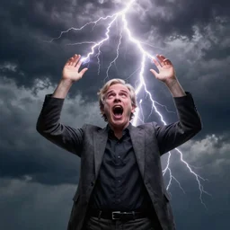 photograph of geert wilders standing, raising both hands and emitting lightning, shouting, crazy eyes, atmospheric lighting, dark clouds, sinister, by joel meyerowitz