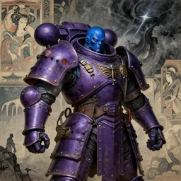 composition of gothic and futuristic, warhammer, cyber japan samurai armor, scars, more details, storm, the middle ages, blue head, purple, highly detailed, artstation, in the style of moebius, jugendstil and classic japanese print, art by jean delville and rene magritte