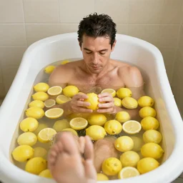 a man in a bathtub bathing in lemons, Realism, HDR, Stock Photo, Ultra Lighting
