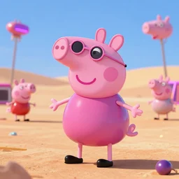 a realistic peppa pig rave in the desert, cyberpunk, clubber