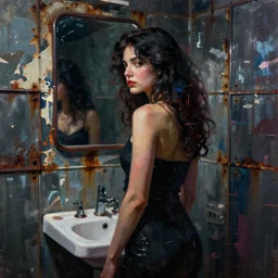 a beautiful glitched painting by christian hook of a woman in a bathroom, metal rust and plaster materials, brushstrokes by jeremy mann, still life, dark colors