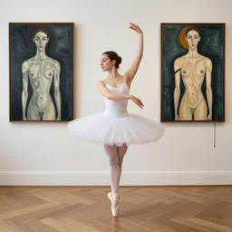 a ballerina getting ready and focusing, francis bacon and pat steir and nicolas party and hilma af klint, dripping paint, altermodern