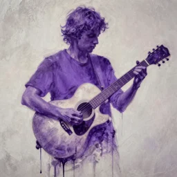 dripping purple faded paint across the shape of a human playing guitar, realistic, extremely detailed, coming out of the wall
