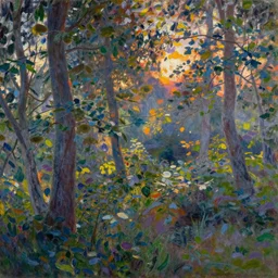 An aesthetically pleasing fine art, dynamic, energetic, lively, well-designed digital art of trees inside a forest during sunset, light and shadow, caustics, by Claude Monet, superior quality, masterpiece, excellent use of negative space. 8K, superior detail.