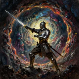 arrogant knight casually pokes his sword into the abyssal portal, only to be met with unimaginable horrors from beyond, dark fantasy, oil painting, high detail