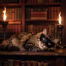 maine coon cat wearing zorro mask sleeping in wizard's library shelves books torchlight torches dark cozy mood