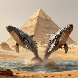 concept art of two mechanical steampunk whales in heavy armor jumping out of sea in desert with pyramids, cyberpunk style by greg rutkowski, artgerm, octane render, foggy, orange glow, dune mood,