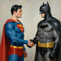 Image of two people Superman and Batman shaking hands, oil painting, 1880