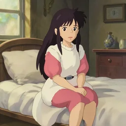 bedroom in studio ghibli, Zero Two sitting on bed, anime style