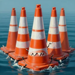 orange and white striped traffic cone with 5 rows of shark teeth breaking through the cracks, ocean background detailed atmospheric - ron cheng & alphonse mucha, highly detailed, digital painting, ray tracing, concept art, illustration, smooth sharp focus, intricate, symmetry, artstation,