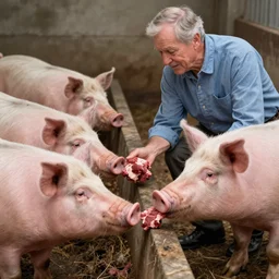 mr. rogers feeding raw meat to swine