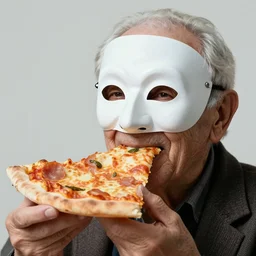 close - up portrait of a wrinkled old man wearing a pulcinella mask holding up a pizza!! to behold, clear eyes looking into camera, baggy clothing and hat, masterpiece photo by michal karcz and yoshitaka amano