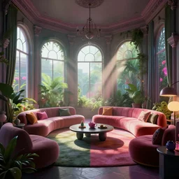 vaporwave living room, liminal space, high detail, rendered in unreal engine, 3d render, god rays, volumetric lighting, mansion, interior, large windows, vegetation