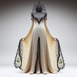 fantastically beautiful long knitted large knitted evening dress. light colors. on top of the intricate black ornament openwork. and colored beads. asymmetrical. detailed. a masterpiece.
