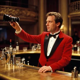 photoreal cinematography of joe turkel in red tux playing lloyd the bar tender from stanley kubrick's film the shining, bartending inside the elstree studios soundstage set for the overlook hotel goldroom bar shot on 3 5 mm eastman 5 2 4 7 film by the shining cinematographer john alcott shot on a cooke panchro 6 5 mm macro lens