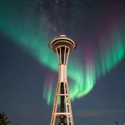 intense vivid aurora above space needle centered big sky milky way film long exposure fuji wide angle national geographic